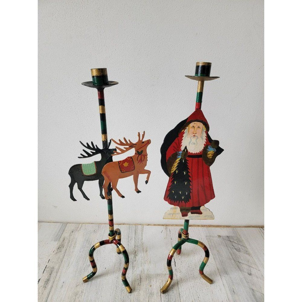 Vintage Santa Claus reindeer Candlestick metal Xmas‎ holder set